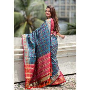 Sari élégant en soie Patola bleu denim tissé avec des motifs Meenakari et Zari, robe de soirée élégante - Product Image 4