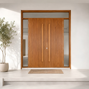 Portes d'entrée doubles à lattes en teck massif, style tropical moderne, pour projets d'hôtels, villas et complexes hôteliers, fabriquées à Jepara, Indonésie - Product Image 1