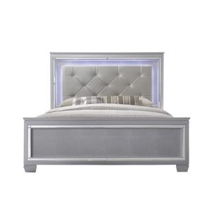 Modern King LED Faux Leather Upholstery <b>Panel</b> Bed Beveled <b>Mirror</b> Accents Textured Footboard Silver Beige Finish Up-Holstered Bed - Product Image 2