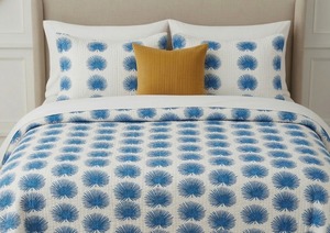 Traditional Cotton Kantha Quilt Hand Printed Blue Palm Pattern White Bedcover All Season Home Use - Product Image 3
