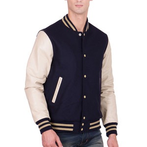Men's Navy Blue Varsity <b>Jacket</b> With Cream PU <b>Leather</b> Sleeves Turn-Down Collar Preppy Style Autumn Wear - Product Image 1