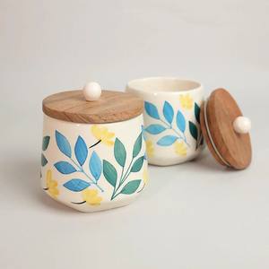 HotSelling Ceramic Storage Jar <b>Set</b> Wooden Stand Airtight Lid Kitchen Organizer Modern Check Design Durable Food Safe - Product Image 4