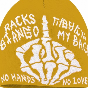 Gorro de punto jacquard amarillo mostaza con gráfico de dedo medio de esqueleto, estilo streetwear, gorro gótico unisex de invierno, venta al por mayor - Product Image 1