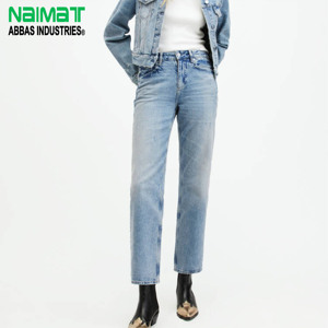 Jeans de Pierna Recta de Cintura Alta para Mujer, Corte Clásico Informal, Ajustado, Azul Claro, Pantalones de Mezclilla de Algodón Sostenible - Product Image 1