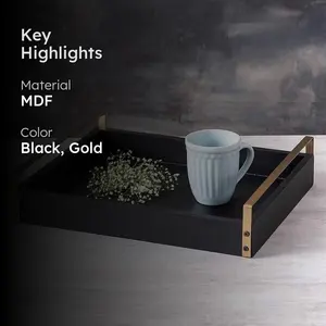 ถาดเสิร์ฟไม้สี่เหลี่ยมสีดำหรูหราทันสมัย พร้อมหูจับโลหะชุบทอง เกรดเชิงพาณิชย์ สำหรับร้านอาหารและโรงแรม - Product Image 3