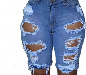 Women High Waist Distressed Denim Shorts Skinny Fit Ripped Cut Out Solid Color Casual Summer Style - Product Image 4