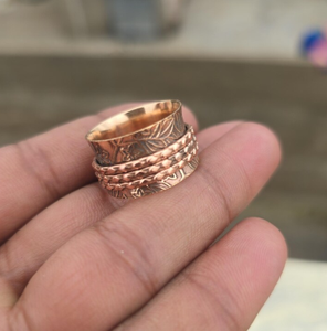 Copper Surface Etched Floral Motif Multi Band <b>Spinner</b> <b>Ring</b> Heavy Duty Solid Copper Meditation <b>Ring</b> Natural Healing Energy - Product Image 4