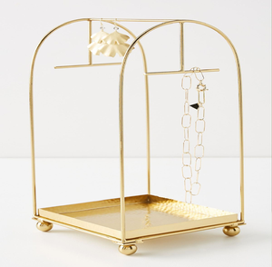 Modern arched gold metal <b>frame</b> jewellery organizer stand with <b>square</b> base tray, available at wholesale prices. - Product Image 1