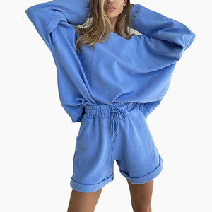 Custom 2 Piece Set Women Cotton Polyester Fleece Cotton <b>Light</b> Weight Relaxed Drop Shoulder Letter Graphic Pullover Shorts 2026 - Product Image 1