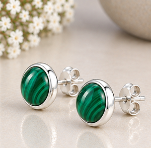 Malachite <b>Silver</b> <b>Stud</b> Earrings, Natural Malachite Gemstone Earrings, 925 <b>Sterling</b> <b>Silver</b> Round <b>Studs</b>, Green Stone Earrings - Product Image 3
