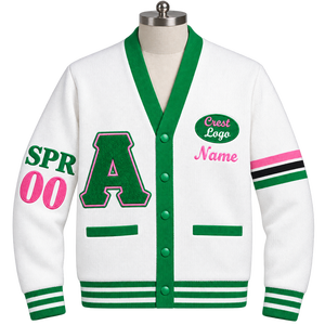 Cardigan en tricot à col en V rose et blanc Alpha de la sororité grecque, style preppy, manches longues, broderie chenille avec lettres, pour femmes - Product Image 5