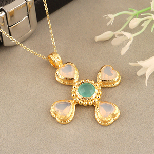 Romantic Jewelry Briolette Cut Opalite Quartz and Aqua Chalcedony Cross Pendant Necklace 18k Gold Plated Chain Brass Necklace - Product Image 4