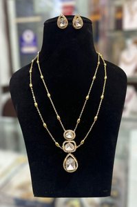 Parure de collier et boucles d'oreilles Kundan Polki plaqué or double couche, style victorien, zircon, bijoux de mariage indiens, tendance, faits à la main, vente en gros - Product Image 3
