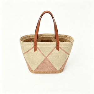Customized Diamond inlay woven straw tote <b>bag</b>,blush pink geometric straw <b>basket</b> shopper,two‑tone woven tote - Product Image 2