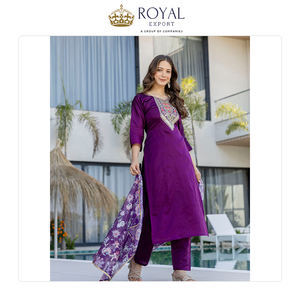 Nouvelle arrivée de vêtements indiens de créateurs : ensemble Kurti 3 pièces en coton Chanderi avec broderies, Kurti et Dupatta. - Product Image 3
