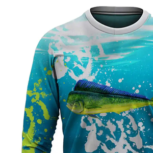 เสื้อตกปลาแขนยาวผู้ชาย พิมพ์ลายแบบซับลิเมชั่น UPF 50 ป้องกันรังสียูวี สำหรับกิจกรรมกลางแจ้ง สีน้ำเงินเขียว ลายปลาโลมาด้านหน้า - Product Image 4