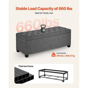 Banc de rangement capitonné gris avec boutons, sacs latéraux rabattables, rembourrage en lin, coffre de lit, cadre en métal pour salon, entrée - Product Image 5