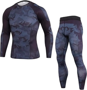 Conjunto de compresión negro para hombre, manga larga, cuello redondo, secado rápido, estampado con patrón animal, camiseta de manga larga y pantalones para todas las estaciones - Product Image 4