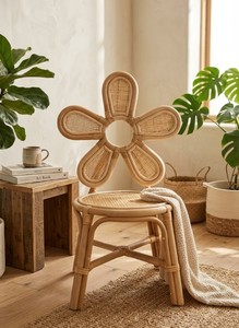 Tabouret de bar en rotin naturel avec dossier floral, assise ronde tressée, dossier décoratif floral et structure robuste à pieds croisés pour chambre d'enfant - Product Image 3