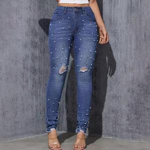 กางเกงยีนส์ทรงตรงเอวสูงสำหรับผู้หญิง ระบายอากาศได้ดี ตกแต่งด้วยคริสตัลและเพชรเทียม ลวดลายปะติดปะต่อ ผ้าเดนิมฟอกสี - Product Image 2