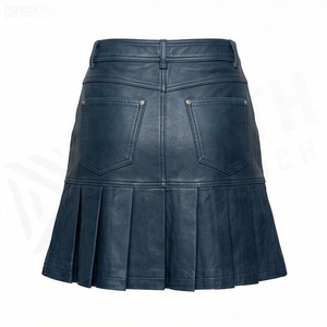 Jupe trapèze en cuir taille haute pour femme, longueur genou, plissée, couleur unie, avec poches, finition brillante, toutes saisons - Product Image 3