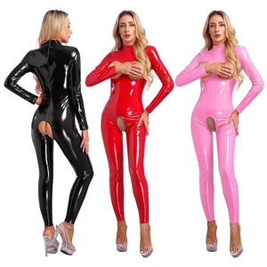 Body da Donna a Maniche Lunghe <span class=keywords><strong>in</strong></span> Vernice con Apertura sul Petto e sul Cavallo Tuta Catsuit Sexy Stile Uniforme - Product Image 1