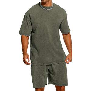 New Design Custom Men Summer Acid Wash Two 2 Piece <b>Set</b> Screen Printing Cropped t Shirt and Shorts <b>Set</b> Men - Product Image 1