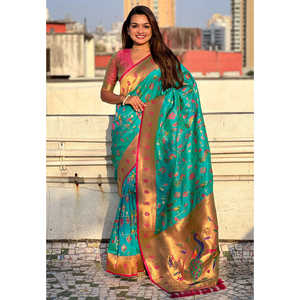 Sari en soie Paithani bleu Firozi, tissé avec des fils de zari, vêtements indiens et pakistanais - Product Image 5