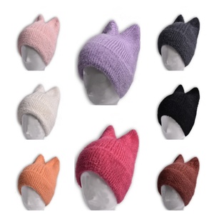 Custom <b>Hats</b> <b>Cat</b> Ears Mohair Beanie Pure Solid Color Women Caps Wholesale Bulk Order for Team Women's Mohair Beanie Fashion - Product Image 1