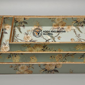 ชุดถาดเสิร์ฟลายเรขาคณิตสีเขียว 3 ชิ้น ทำจาก MDF และกระดาษ ถาดซ้อนกันได้ สำหรับตกแต่งบ้านและเสิร์ฟอาหารอย่างมีสไตล์ - Product Image 5