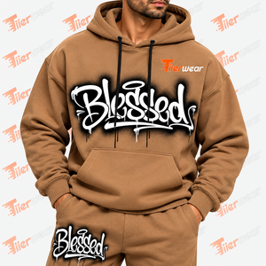 Ensemble sweat-shirt et pantalon de survêtement marron surdimensionné pour homme, imprimé avec le logo « Blessed », style streetwear décontracté, tenue de jogging pour l'automne - Product Image 5