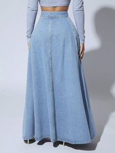 Jupe longue en jean taille haute coupe trapèze avec boutons sur le devant, coupe ample, en coton délavé, pour femme, décontractée, printemps - Product Image 6