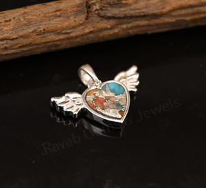 Colgante de alas de ángel de plata 925 con turquesa y ostra espinosa en forma de corazón de 8 mm, con engaste de bisel, dije romántico unisex - Product Image 3