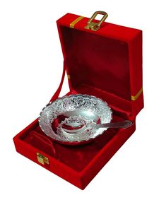 Ensemble de bols en argent allemand traditionnel avec cuillère en laiton poli, faits à la main, légers, durables, non toxiques, coffret cadeau, mariage - Product Image 4
