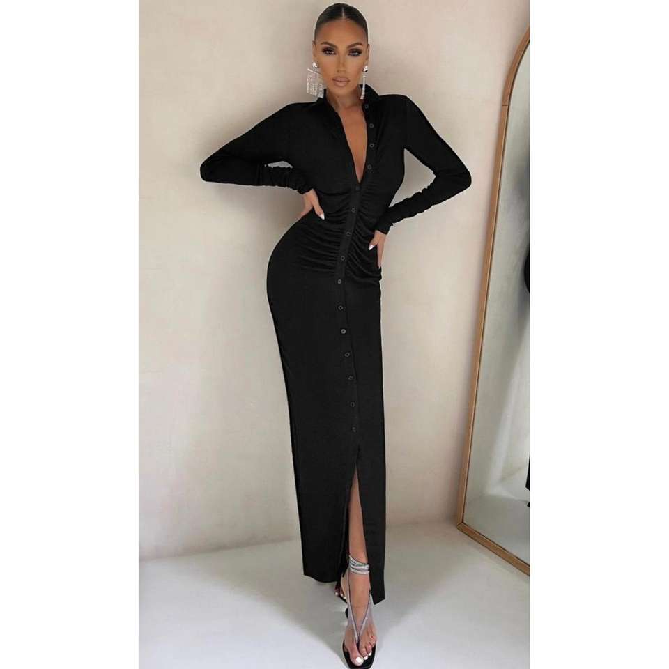 Women s Long Sleeve Half Magnetic Collar Gather Detail Buttoned Dress - 70397