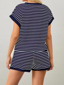 Women's Casual Fashion Loungewear Two-Piece Set Striped Color Block T-Shirt Matching Elastic Waist Pocket Shorts 100% Cotton for - Product Image 6