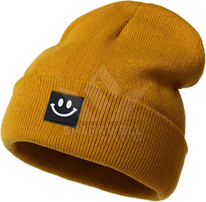 Bonnet tricoté unisexe avec patch souriant, couleur unie, bonnet d'hiver chaud, style décontracté, taille adulte 56-58CM - Product Image 1