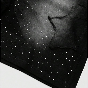 Shorts décontractés amples pour hommes, noirs, personnalisés, avec strass sur le devant, effet délavé, broderie graphique étoile, style streetwear, en maille, séchage rapide - Product Image 6