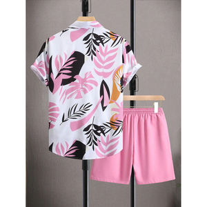 Chemise boutonnée à manches courtes pour hommes, rose et blanc, à motifs de feuilles tropicales, ensemble 2 pièces avec short assorti, tenue de plage hawaïenne décontractée - Product Image 6