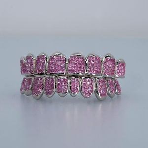 Grillz de Moissanita Rosa con Corte Princesa, Personalizados, de Alta Calidad, Plata 925 Bañada en Oro, Micro Pavé, Estilo Hiphop para Fiesta, Unisex - Product Image 1