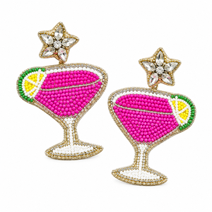 Boucles d'oreilles pendantes florales brodées à la main avec des fleurs roses, des feuilles vertes perlées et des centres jaunes - Product Image 5