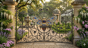Wrought Iron Garden Gate Cat Rose Design Rustic Exterior Metal Entry Door Manual <b>Swing</b> Style Finished Surface Anti-theft - Product Image 5