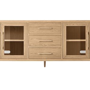 Scandinavian Modern <b>Sideboard</b> Cabinet Solid Teak Glass Door Display <b>Storage</b> 3-Drawers Slim Leg and Natural Grain Detail - Product Image 5