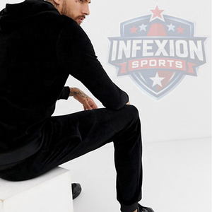 Men's <b>Black</b> Velour Hooded Tracksuit Full Zip Casual Joggers Solid Color Breathable Polyester Autumn Wear - Product Image 2