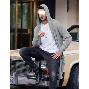 Cardigan long léger à capuche pour homme, ouvert sur le devant, drapé, vêtement d'extérieur d'été - Product Image 3