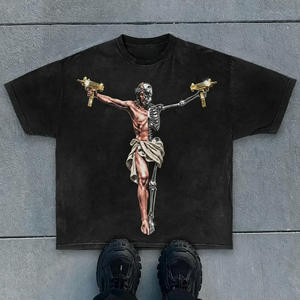 Men Low Price Summer T-Shirt American Vintage Washed Oversized Customizable Rhinestone Hand-Print Light Wash Retro <b>tshirts</b> - Product Image 4