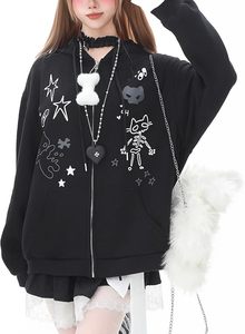 Sweat à capuche noir avec motif doodle mignon, coupe ample et design streetwear décontracté - Product Image 6