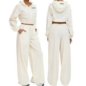 Womens <b>Cropped</b> <b>Zip</b> <b>Up</b> Hoodie Wide Leg Pants Set Lightweight UV Protection Tracksuit Breathable Sportswear Set - Product Image 5