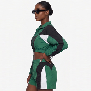 Women Windbreaker Short Set/Zipper Jacket And Drawstring Waist Shorts/Two Piece Women's Sets Windbreaker Shorts And Crop Jacket - Product Image 2