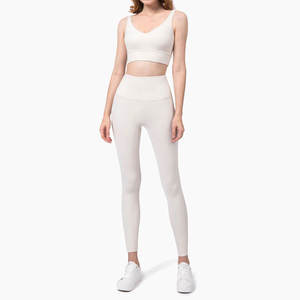 Women's Yoga Set V-Neck Crop <b>Top</b> High Waist Full Length <b>Leggings</b> Seamless Solid Color Spandex/Nylon 2 Piece Workout Wear Front - Product Image 1